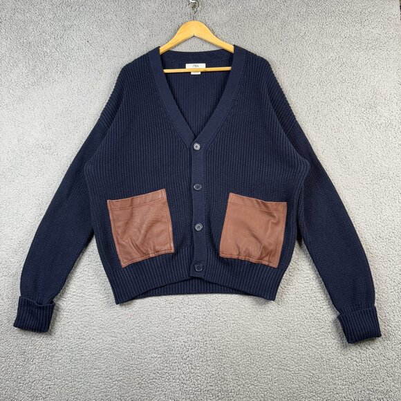Zara Cardigan Sweater Mens Large Navy Blue Relaxed FitSheep Leather Pockets Knit - Picture 1 of 15